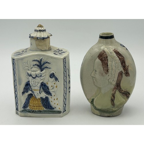 172 - Two early 19th century pearlware moulded tea caddies, c. 1810. One decorated with figures and the ot... 