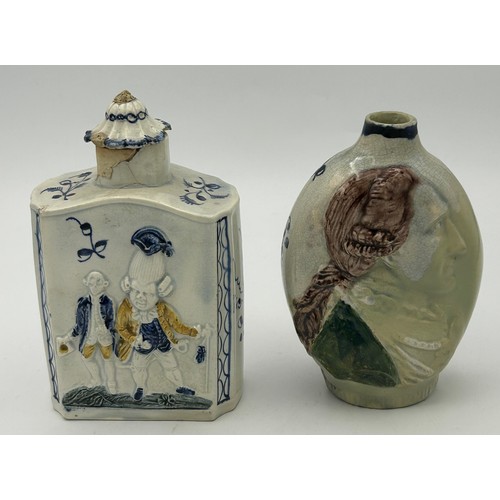 172 - Two early 19th century pearlware moulded tea caddies, c. 1810. One decorated with figures and the ot... 