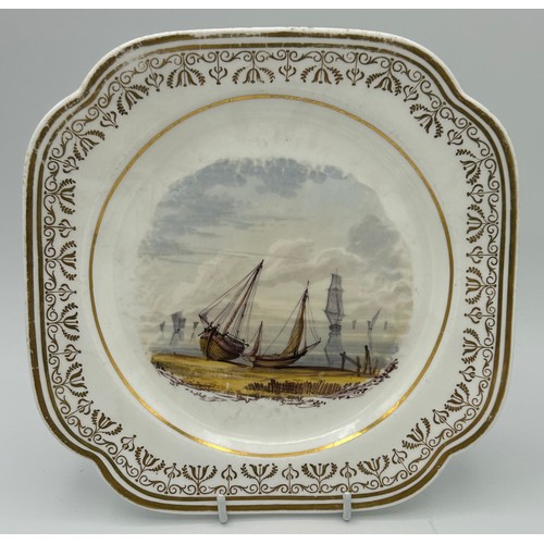 183 - A group of early 19th century Spode hand-painted landscape dishes and a similar plate, c. 1820. The ... 