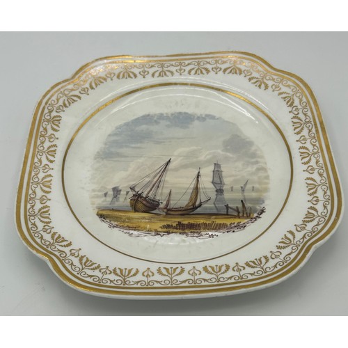 183 - A group of early 19th century Spode hand-painted landscape dishes and a similar plate, c. 1820. The ... 