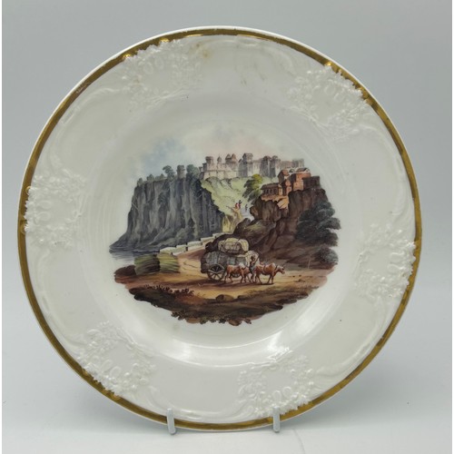 184 - A group of early 19th century hand-painted porcelain plates, of moulded form with titled Indian view... 