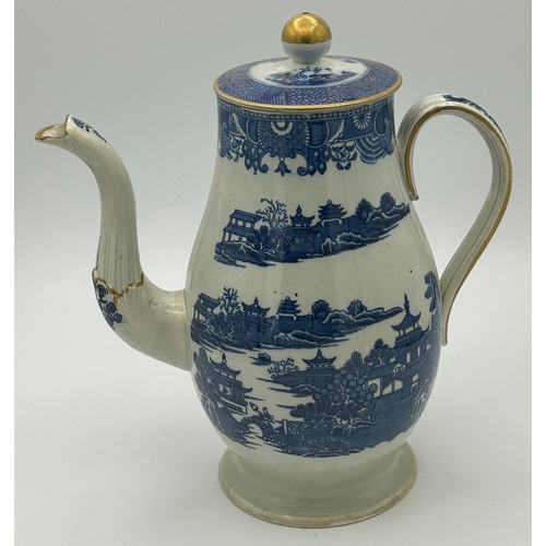 205 - Two early 19th century blue and white transfer printed teapots and a coffeepot, c. 1800. Including a... 