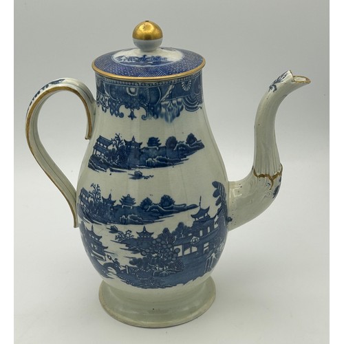 205 - Two early 19th century blue and white transfer printed teapots and a coffeepot, c. 1800. Including a... 