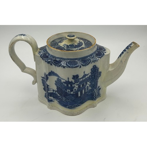 205 - Two early 19th century blue and white transfer printed teapots and a coffeepot, c. 1800. Including a... 