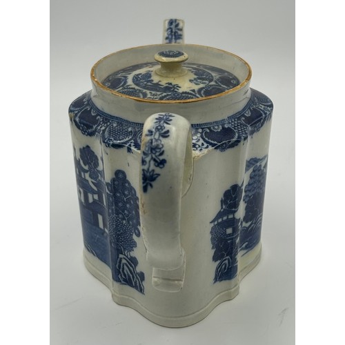 205 - Two early 19th century blue and white transfer printed teapots and a coffeepot, c. 1800. Including a... 