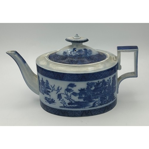 205 - Two early 19th century blue and white transfer printed teapots and a coffeepot, c. 1800. Including a... 