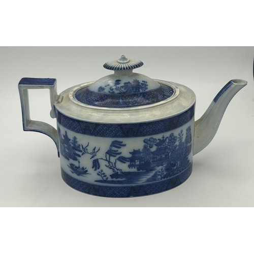 205 - Two early 19th century blue and white transfer printed teapots and a coffeepot, c. 1800. Including a... 