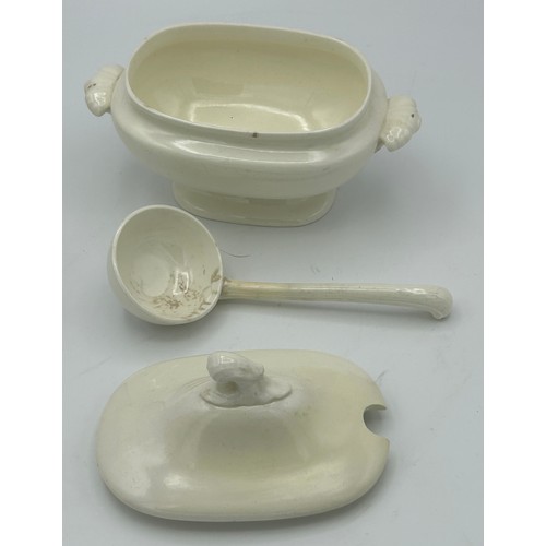 213 - A group of early 19th century creamware pieces, c. 1810. To include a chestnut basket, a sauce turee... 