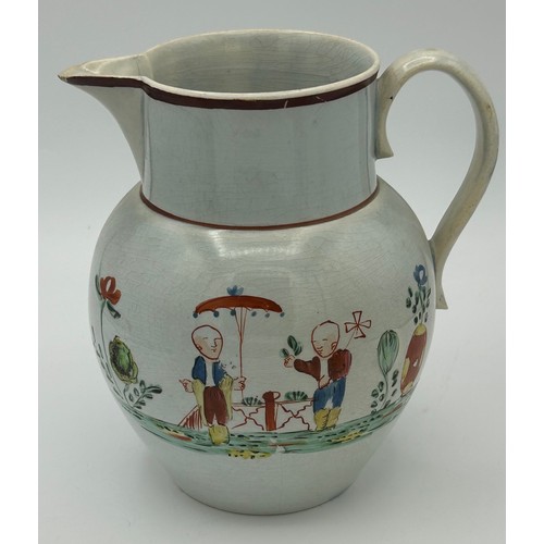 214 - A group of three early 19th century hand-painted pearlware jugs, c. 1810-20. Tallest: 15 cm. (3)

Co... 