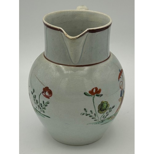 214 - A group of three early 19th century hand-painted pearlware jugs, c. 1810-20. Tallest: 15 cm. (3)

Co... 