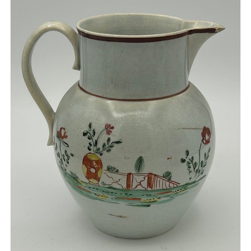 214 - A group of three early 19th century hand-painted pearlware jugs, c. 1810-20. Tallest: 15 cm. (3)

Co... 