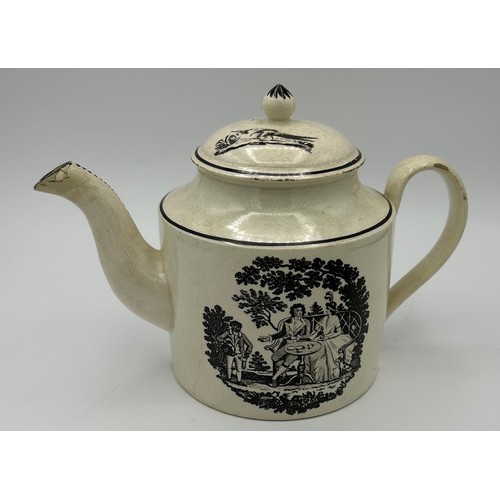 222 - An early 19th century hand-painted pearlware floral pattern teapot and a creamware black transfer pr... 