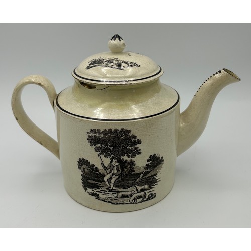 222 - An early 19th century hand-painted pearlware floral pattern teapot and a creamware black transfer pr... 