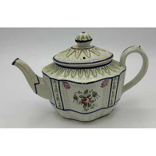 222 - An early 19th century hand-painted pearlware floral pattern teapot and a creamware black transfer pr... 