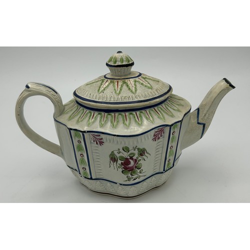 222 - An early 19th century hand-painted pearlware floral pattern teapot and a creamware black transfer pr... 