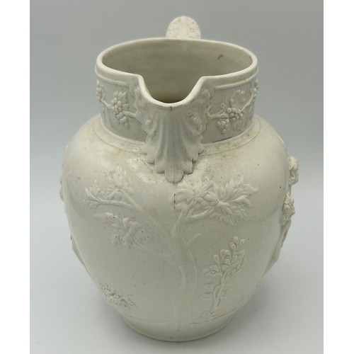 228 - Three early 19th century feldspathic stone ware jugs, c. 1820. The largest, decorated with cherubs i... 