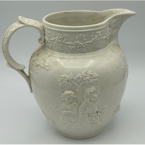 228 - Three early 19th century feldspathic stone ware jugs, c. 1820. The largest, decorated with cherubs i... 