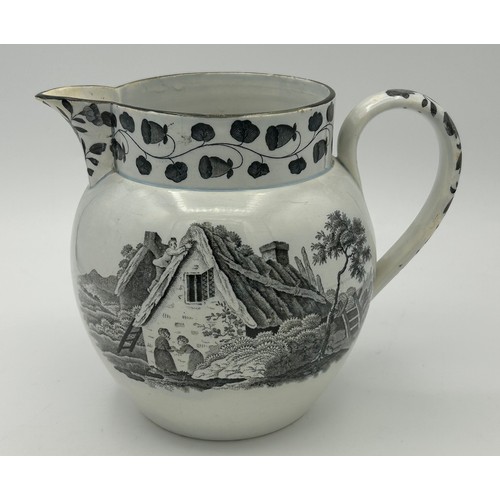 230 - Three 19th century pearlware jugs, c. 1820-40. One is transfer printed in black with landscape scene... 