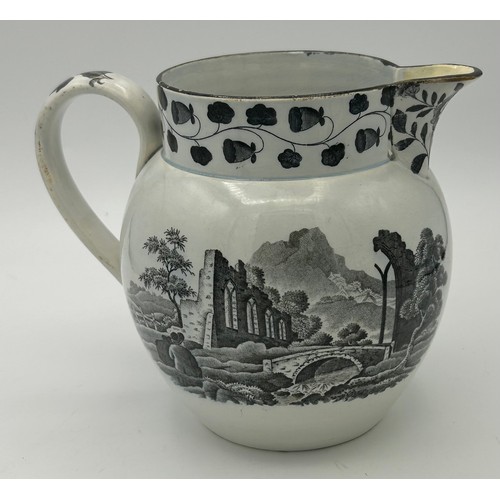 230 - Three 19th century pearlware jugs, c. 1820-40. One is transfer printed in black with landscape scene... 