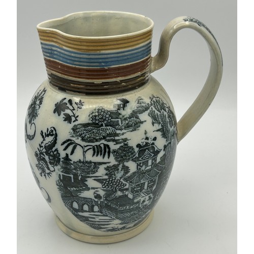 231 - An early 19th century black and white transfer printed jug, c. 1800. Together with a lidded Marble p... 