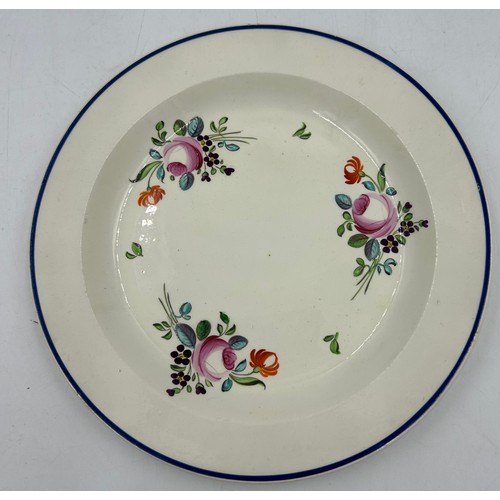 235 - A group of early 19th century creamware and pearlware hand-painted plates. c. 1810-20. Many impresse... 