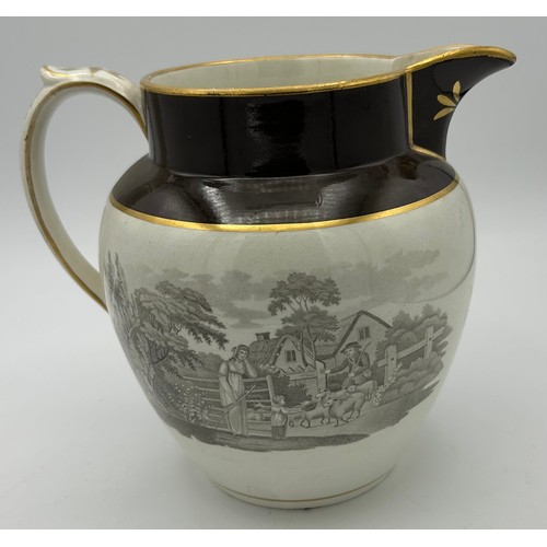 239 - Two early 19th century bat printed jugs, probably Spode, c. 1820. The first pearlware jug with brown... 