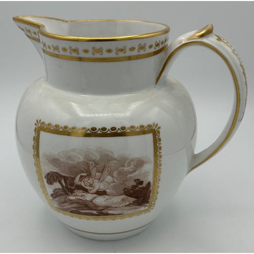 239 - Two early 19th century bat printed jugs, probably Spode, c. 1820. The first pearlware jug with brown... 