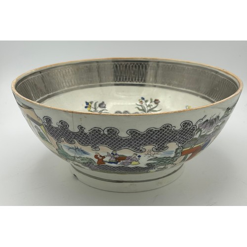 255 - An early 19th century transfer printed and hand-painted Boy in the Window pattern large bowl, c. 181... 