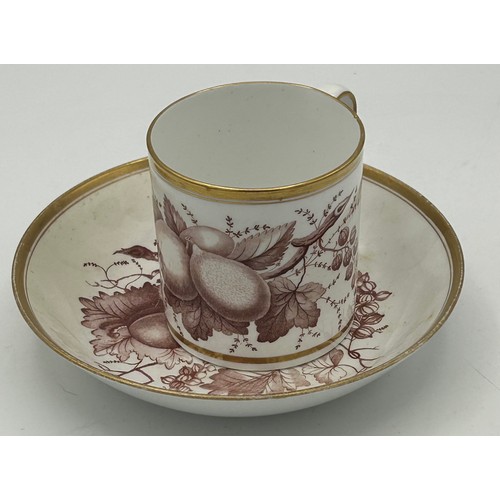 288 - A group of early 19th century bat printed cups and saucers, c. 1820. To include fruit, ornithology a... 