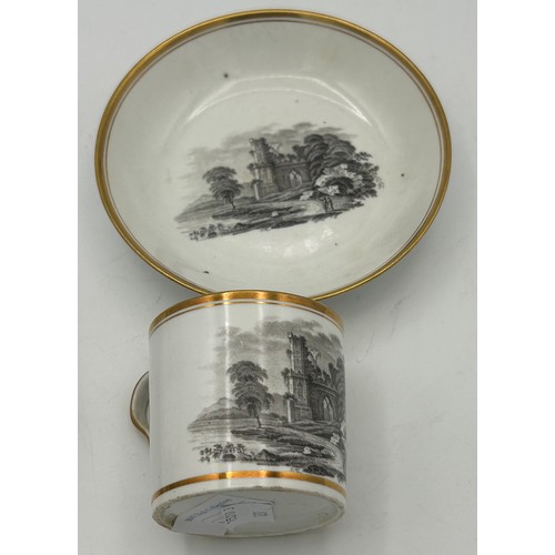 289 - A group of early 19th century bat printed cups and saucers, c. 1820. To include landscape scenes and... 