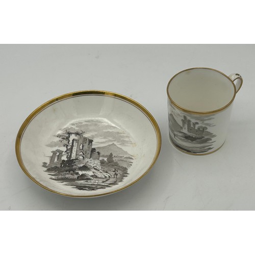 289 - A group of early 19th century bat printed cups and saucers, c. 1820. To include landscape scenes and... 