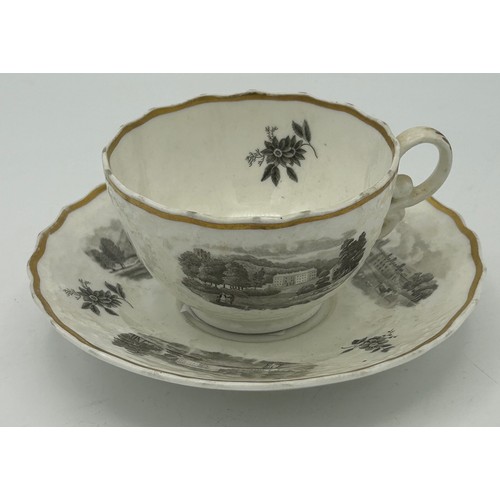 289 - A group of early 19th century bat printed cups and saucers, c. 1820. To include landscape scenes and... 