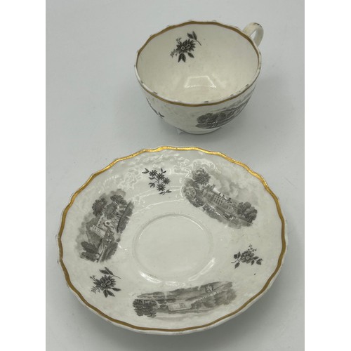 289 - A group of early 19th century bat printed cups and saucers, c. 1820. To include landscape scenes and... 