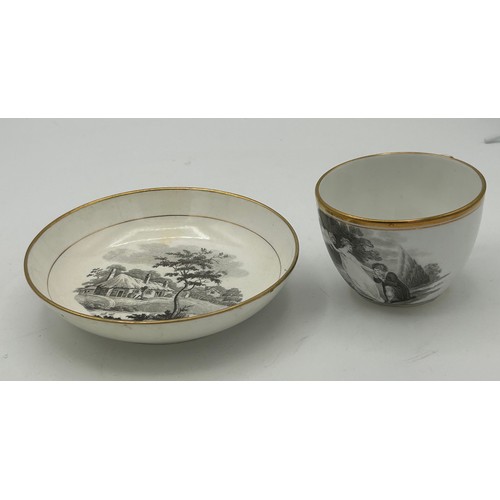 289 - A group of early 19th century bat printed cups and saucers, c. 1820. To include landscape scenes and... 