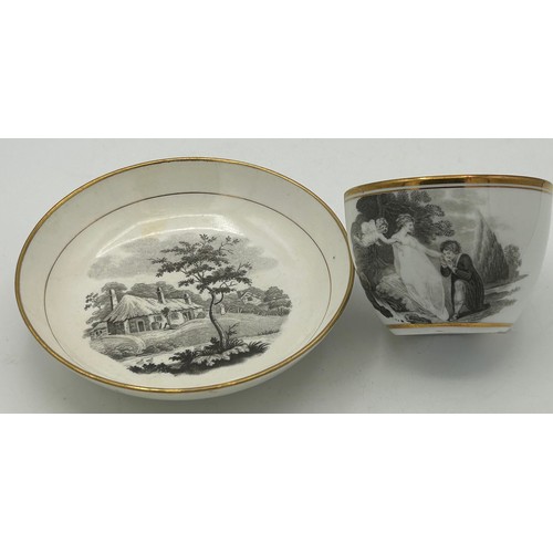 289 - A group of early 19th century bat printed cups and saucers, c. 1820. To include landscape scenes and... 