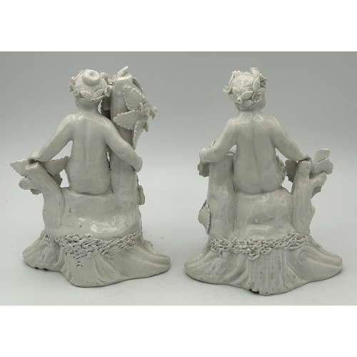 303 - A pair of 19th century white porcelain continental figures on bases, both depicting cherubs, c. 1880... 