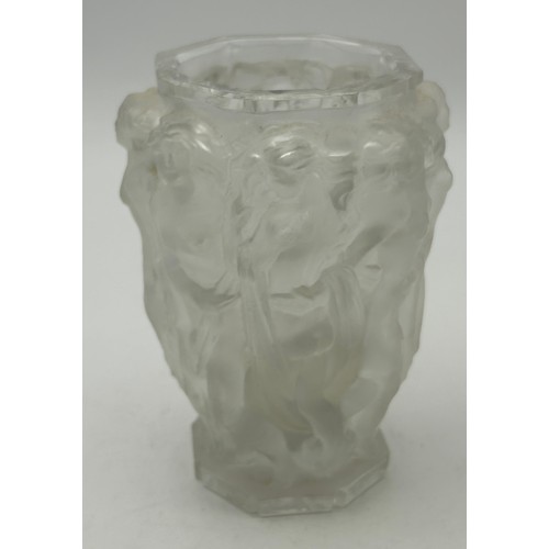 496 - A pair of Lalique frosted vases with octagonal shaped tops with interlinked female nudes. Both marke... 