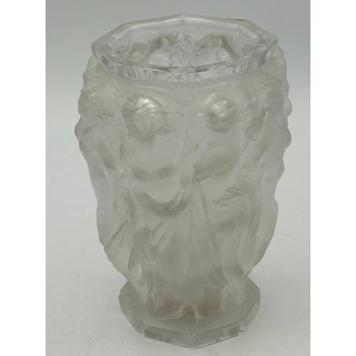 496 - A pair of Lalique frosted vases with octagonal shaped tops with interlinked female nudes. Both marke... 