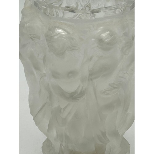 496 - A pair of Lalique frosted vases with octagonal shaped tops with interlinked female nudes. Both marke... 