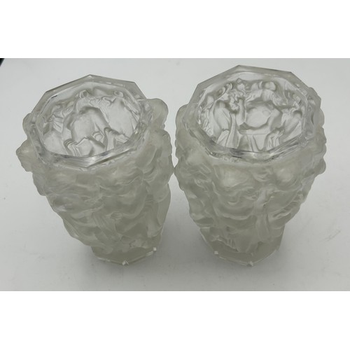 496 - A pair of Lalique frosted vases with octagonal shaped tops with interlinked female nudes. Both marke... 