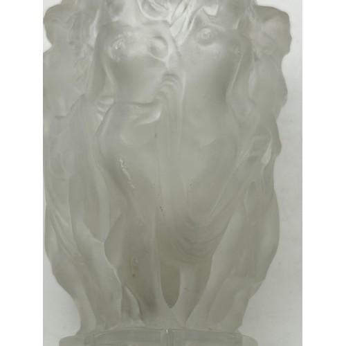 496 - A pair of Lalique frosted vases with octagonal shaped tops with interlinked female nudes. Both marke... 