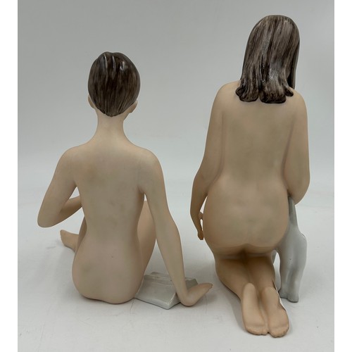 306 - Two Royal Dux porcelain nude figures by Jiri Cernoch, one kneeling woman with a cat 23cm h , the oth... 