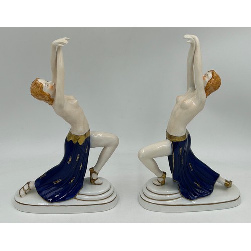 316 - A pair of Austrian Wien porcelain semi nude figurines depicting dancers in an Art Deco style with gi... 