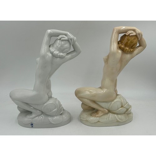 317 - Two Karl Ens Volkstedt figures modelled by P.W Goebel, both  seated nudes with arms above their head... 