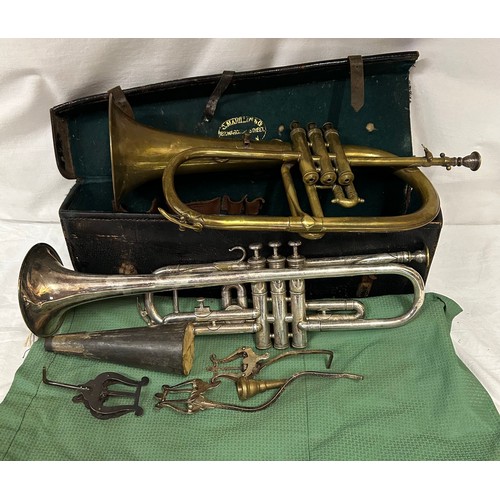 950 - A Besson & Co 'Prototype' Class A Brass Flugelhorn in green carrier along with a cornet, unmarked in... 