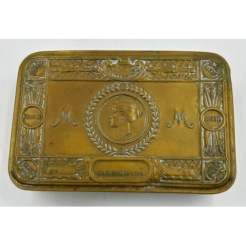 1013 - WW1 Embossed Chocolate Tin Christmas 1914 gift from Princess Mary to the soldiers in France along wi... 