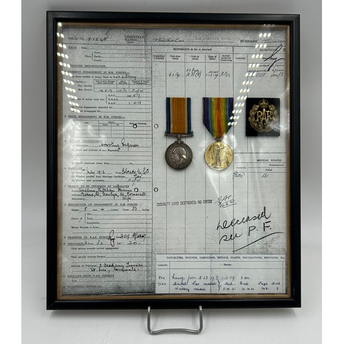 1014 - WW1 Medals in frames British War Medal 1914-1920 & Allied Victory Medal 1914-1919 and RAF badge, 108... 