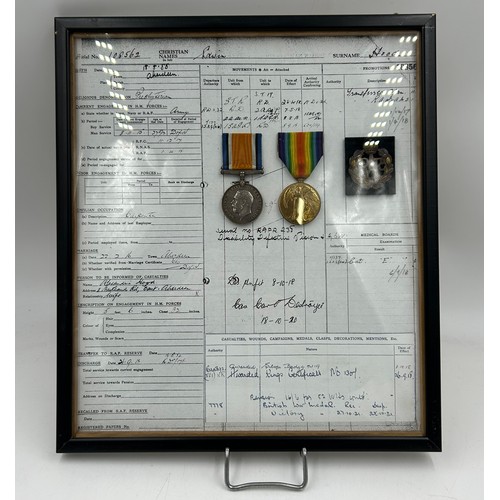 1014 - WW1 Medals in frames British War Medal 1914-1920 & Allied Victory Medal 1914-1919 and RAF badge, 108... 