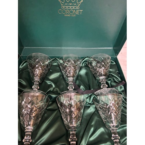 1231 - A miscellany to include 6 x Coronet hand cut wine glasses in box, a pair of brass Cobra Snake candle... 