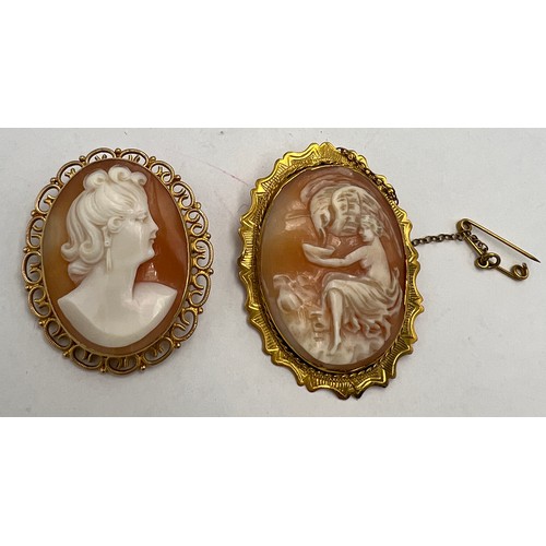 613 - Two carved shell cameo brooches set in 9 carat yellow gold, one with safety chain. Total weight 16.9... 